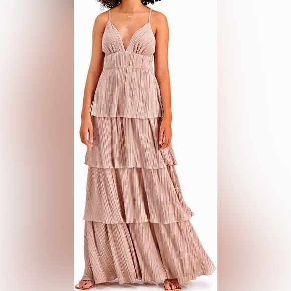 Dusty light pink Rose gold tiered layered maxi cocktail evening party gown dress - Picture 5 of 10